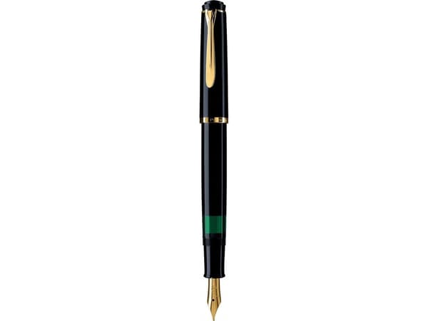 Pelikan M200, Svart, Guld, Inbyggt påfyllningssystem, Harts, Guld, Kursiv spets, Guld/rostfritt stål