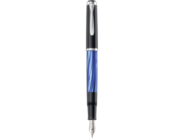 Pelikan M205, Svart, Blå, Marmorfärgad, Silver, Inbyggt påfyllningssystem, Harts, Kursiv spets, Rostfritt stål, Medium