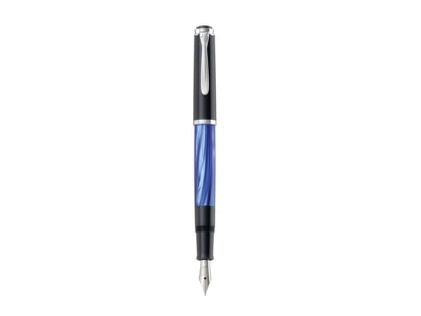 Pelikan M205, Svart, Blå, Marmorfärgad, Silver, Inbyggt påfyllningssystem, Harts, Kursiv spets, Rostfritt stål, Medium