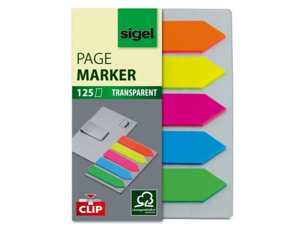 Sigel PageMarker - Sidemarkør - 12 x 50 mm - pil - 125 ark - gjennomsiktig grønn, gjennomsiktig rosa, gjennomsiktig blå, gjennomsiktig gul, transpare
