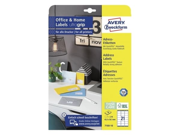 Avery 7160-10, Vit, Rektangel, Permanent, 63.5 x 38.1 mm, A4, papper