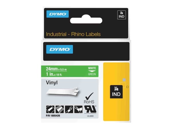 DYMO Rhino Coloured Vinyl - Vinyl - permanet adhesiv - hvitt på grønt - Rull (2,54 cm x 5,5 m) 1 kassett(er) tape - for Rhino 4200, 6000, 6000 Hard C