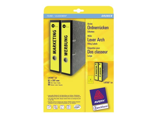 Avery Border Binder Labels, Yellow 61 x 297mm (20), 20 arkkia, 61 x 297mm