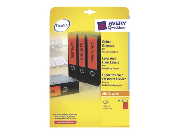 Avery L4762 - Rød - 38 x 192 mm 140 stk (20 ark x 7) filmappeetiketter