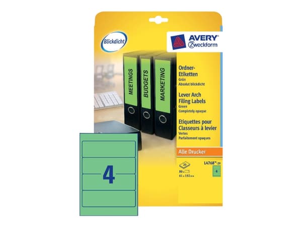 Avery L4768 - Grønn - 61 x 192 mm 80 stk (20 ark x 4) filmappeetiketter