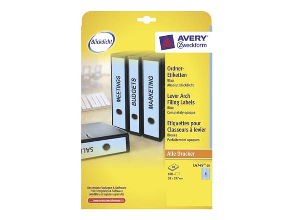 Avery File Folder Labels - Blå - 38 x 297 mm 100 etikett(er) (20 ark x 5) filmappeetiketter