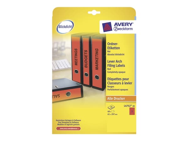 Avery L4752 - Rød - 61 x 297 mm 60 stk (20 ark x 3) filmappeetiketter