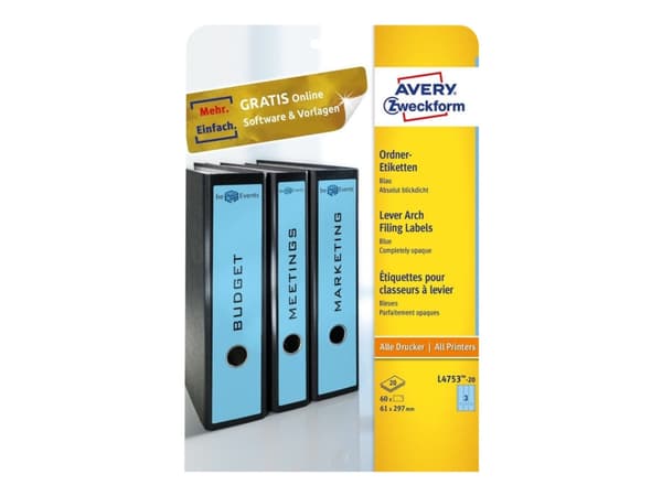 Avery L4753 - Blå - 61 x 297 mm 60 stk (20 ark x 3) filmappeetiketter
