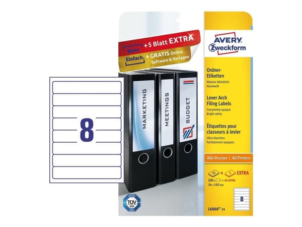 Avery L6060 - Hvit - 34 x 192 mm 200 stk. (25 ark x 8) etiketter for filmapper