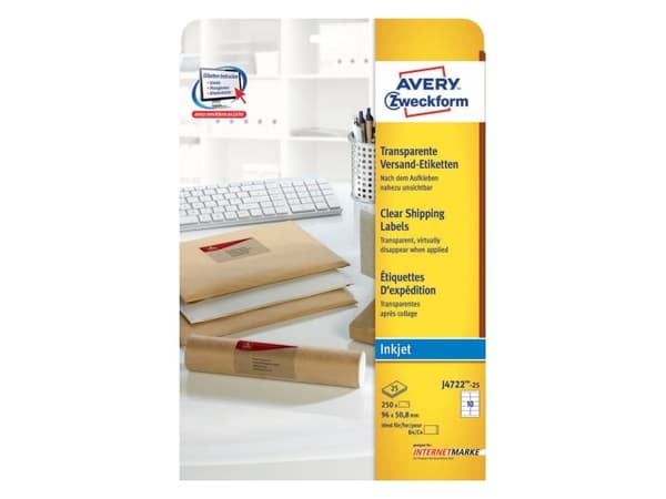 Avery Zweckform J4722 - Polyester - adhesiv - gjennomsiktig - 50.8 x 96 mm 250 etikett(er) (25 ark x 10) merkelapper