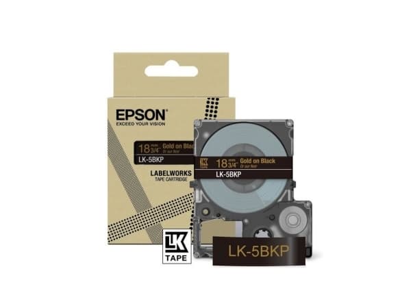 Epson LabelWorks LK-5BKP - Metallisk - gull på sort - Rull (1,8 cm x 9 m) 1 kassett(er) hengeboks - tapepatron - for LabelWorks LW-C410, LW-C610