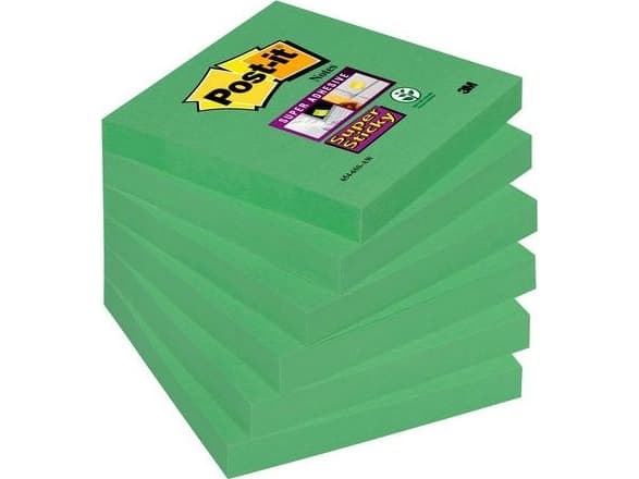 Post-it® Super Sticky Notes Evergreen-farve, 6 blokke, 76 mm x 76 mm
