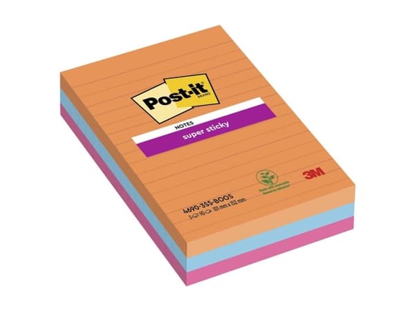 Post-it® Super Sticky Notes Boost, 3 linjerede blokke, 101 mm x 152 mm