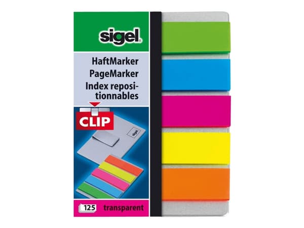 Sigel PageMarker - Sivumerkintä - 12 x 50 mm - 125 arkkia - läpinäkyvä vihreä, läpinäkyvä vaaleanpunainen, läpinäkyvä sininen, läpinäkyvä keltainen,