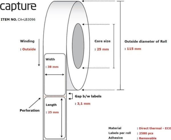 Capture - Fjernbart adhesiv - ubelagt - hvit - 38 x 25 mm 30960 etikett(er) (12 rull(er) x 2580) boks - merkelapper