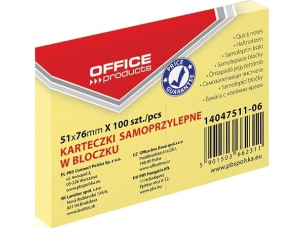 Office Products Bloczek samoprzylepny OFFICE PRODUCTS, 51x76mm, 1x100 kart., pastel, jasnożółty