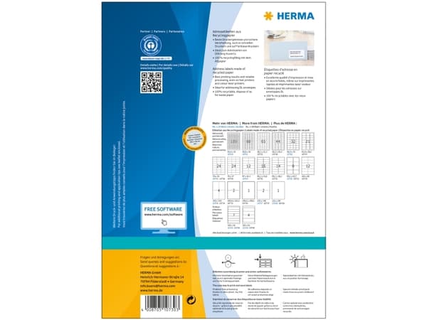 HERMA 10730, Vit, Självhäftande skrivaretikett, Stansad etikett, A4, papper, Laser/bläckstråleskrivare