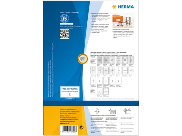 HERMA 10729, Hvit, Selvklebende skriveretikett, Utstanset etikett, A4, Papir, Laser/Blekkskriver
