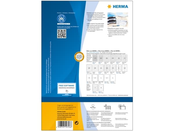 HERMA 10726, Hvit, Selvklebende skriveretikett, Utstanset etikett, A4, Papir, Laser/Blekkskriver