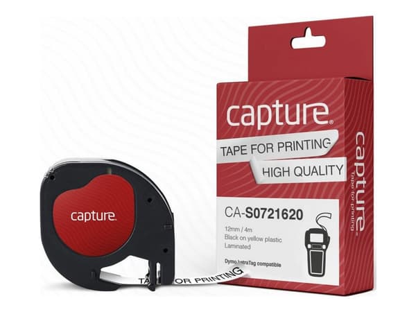 Capture - Palst - svart på gult - Rulle (1,2 cm x 4 m) 1 kassett(er) hängande låda - etiketttejp (alternativ för: DYMO S0721630, DYMO S0883990)