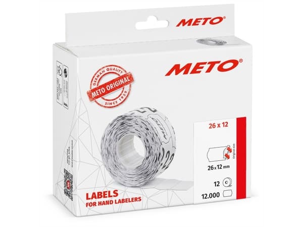 Etiket Meto 26x12mm hvid permanent 1000stk/rul 12rul/pak