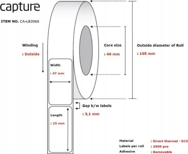 Capture - Permanet adhesiv - ubelagt - hvit - 47 x 25 mm 24000 etikett(er) (12 rull(er) x 2000) boks - merkelapper