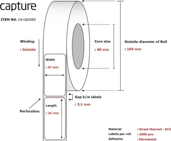 Capture - Permanet adhesiv - ubelagt - hvit - 47 x 25 mm 24000 etikett(er) (12 rull(er) x 2000) boks - merkelapper
