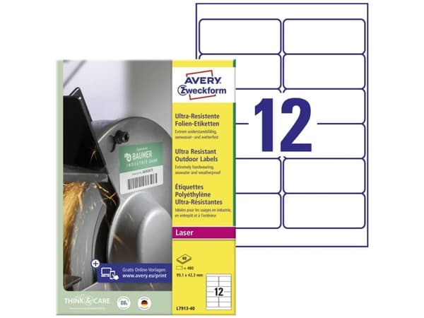 Avery-Zweckform L7913-40 99,1 x 42,3 mm Polyeteenikalvo Valkoinen 480 kpl Pysyvät yleistarrat Laser 40 arkkia DIN A4 40 arkkia