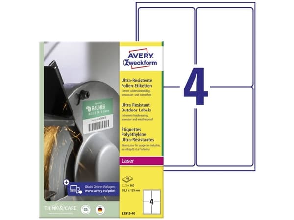 Avery-Zweckform L7915-40 Universelle etiketter 99.1 x 139 mm Polyetylenfolie Hvid 160 stk Permanent vedhæftningsevne Farvelaserprinter, Laserprinter