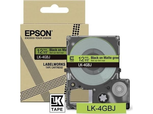 Epson LabelWorks LK-4GBJ - Svart på matt grønt - Rull (1,2 cm x 8 m) 1 kassett(er) hengeboks - tape - for LabelWorks LW-C410, LW-C610