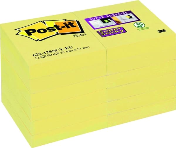 Post-it® Super Sticky Notes Canary Yellow, gul, 12 blokke, 47,6 mm x 47,6 mm
