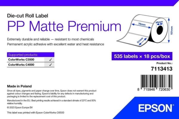 Epson Premium - Polypropylen (PP) - matt - permanent akryl-adhesiv - 76 x 51 mm 9630 etikett(er) (18 rull(er) x 535) boks - stanseskårne etiketter