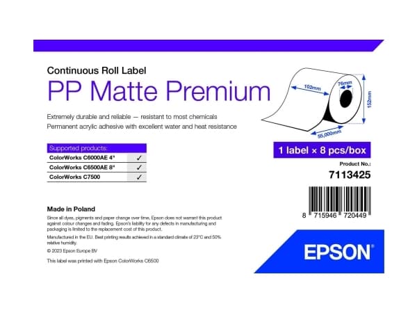 Epson Premium - Polypropylen (PP) - matt - permanent akryl-adhesiv - Rull (10,2 cm x 55 m) 8 rull(er) sammenhengende etikettpapir