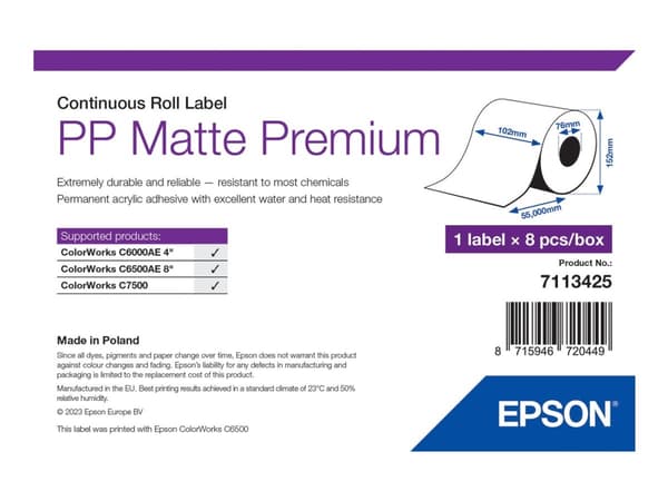 Epson Premium - Polypropylen (PP) - matt - permanent akryl-adhesiv - Rull (10,2 cm x 55 m) 8 rull(er) sammenhengende etikettpapir