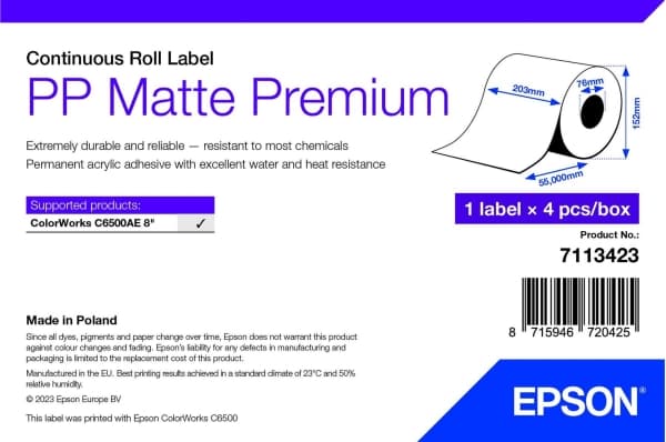 Epson Premium - Polypropylen (PP) - matt - permanent akryl-adhesiv - Rull A4 (21 cm x 55 m) 4 rull(er) boks - sammenhengende etiketter