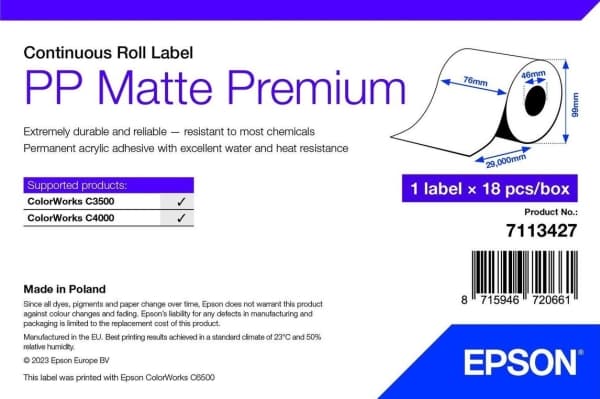 Epson Premium - Polypropylen (PP) - matt - permanent akrylhäftning - Rulle (7,6 cm x 29 m) 18 rulle (rullar) löpande etikettpapper