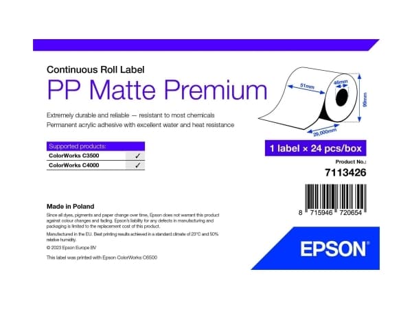 Epson Premium - Polypropylen (PP) - matt - permanent akryl-adhesiv - Rull (5,1 cm x 29 m) boks - sammenhengende etiketter