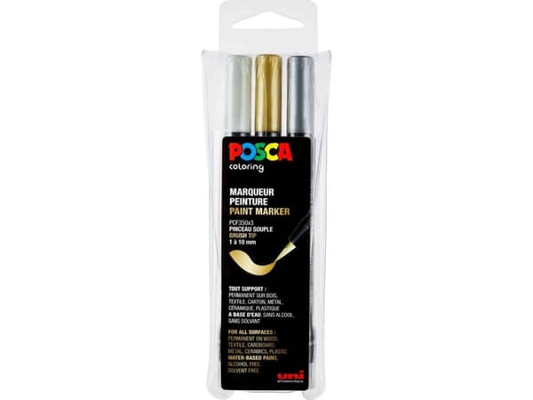 POSCA pensel marker sæt PCF-350, tre farver, guld, sølv og hvid