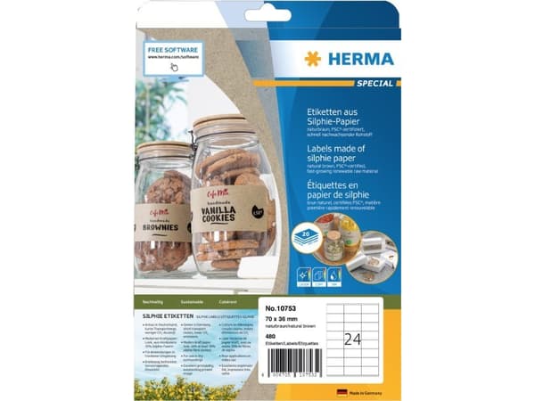 HERMA 10753, Brun, Rektangel, Permanent, 70 x 36 mm, A4, Universal