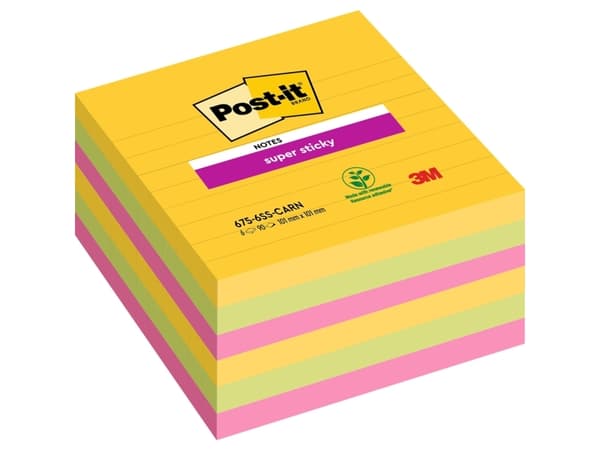 Post-it® Super Sticky Large Notes Carnival, 6 linjerede blokke, 101mm x 101mm