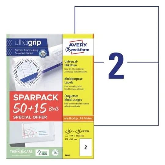 Universaletiketter Avery 210x148 mm, hvid med Ultragrip + 30% ekstra indhold - (65 ark x 2 stk.)