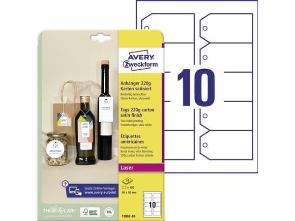 Avery T2002-10, Ikke-klebende etikett, Hvit, 9 cm, 5 cm, 10 ark, 100 stykker