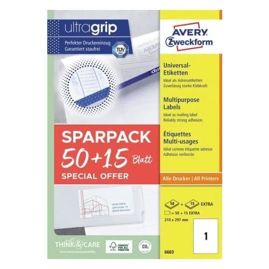 Universaletiketter Avery 210x297 mm, hvid med Ultragrip +30% ekstra indhold - (65 ark)