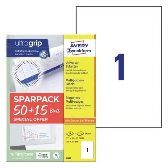 Universaletiketter Avery 210x297 mm, hvid med Ultragrip +30% ekstra indhold - (65 ark)
