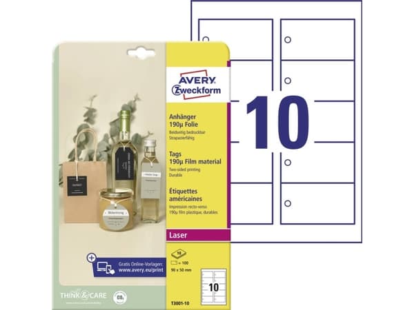 Avery-Zweckform T3001-10 Tarrat (A4) 90 x 50 mm #####Polyester Valkoinen 100 kpl Ei itseliimautuva #####Anhänger-Etiketten