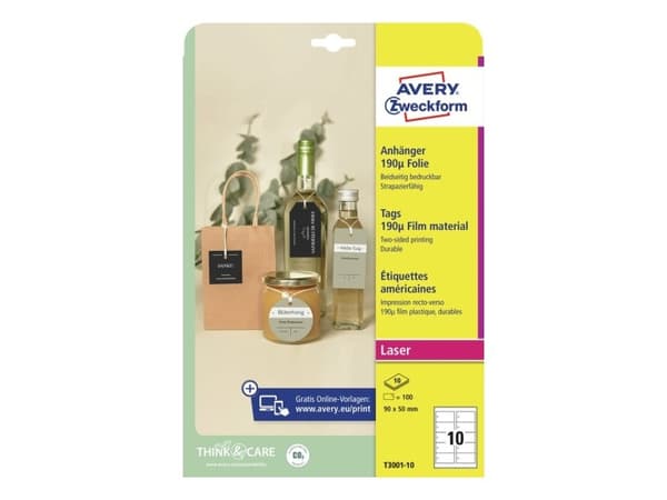 Avery-Zweckform T3001-10 Tarrat (A4) 90 x 50 mm #####Polyester Valkoinen 100 kpl Ei itseliimautuva #####Anhänger-Etiketten