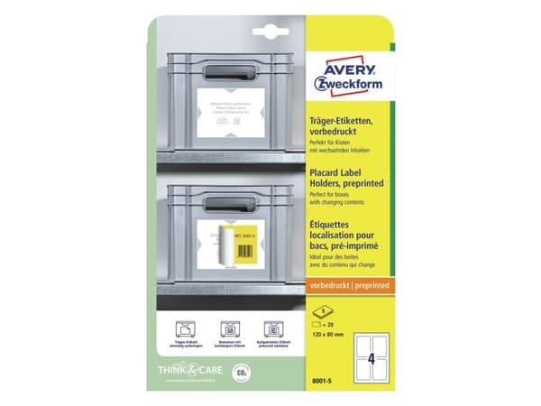 Avery 8001-5, Lysegrå, Hvit, Selvklebende skriveretikett, A4, Polyester, Polypropylen (PP), Gloss, Rektangel