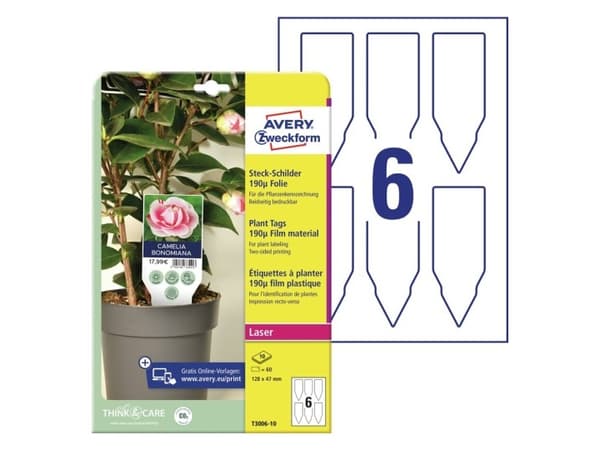 Avery T3006-10, Växtetikett, Polyester, Vit, Polygonal, 128 mm, 47 mm