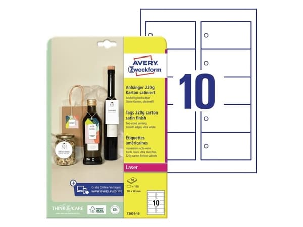 Avery T2001-10, Hvit, Handelsmerke, Rektangel, 10 ark, Fotoark kartong, 220 g/m²