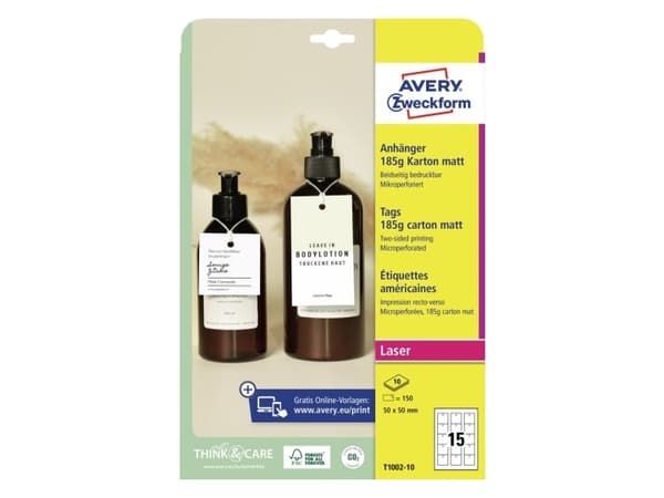 Avery-Zweckform T1002-10 Tarrat (A4) 50 x 50 mm Pahvi Valkoinen 150 kpl Ei itseliimautuva #####Anhänger-Etiketten